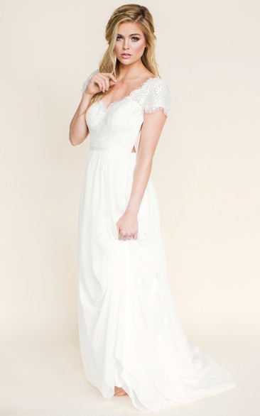 Sheath Short-Sleeve V-Neck Chiffon Wedding Dress With Lace And Backless Design