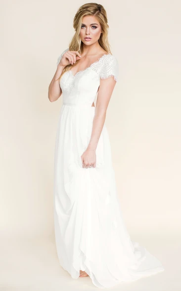 Sheath Short-Sleeve V-Neck Chiffon Wedding Dress With Lace And Backless Design