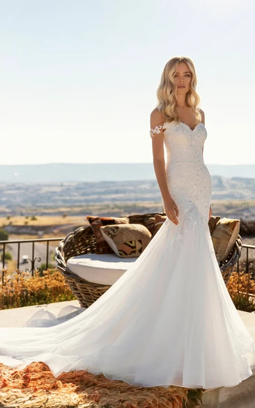 Lace Tulle Corset Back With Chapel Train Off-the-shoulder Sexy Mermaid Wedding Dress Styles