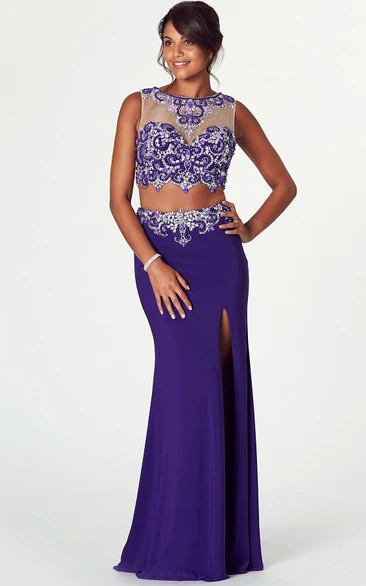 Sheath Split-Front Jewel-Neck Sleeveless Floor-Length Jersey Prom Dress With Beading