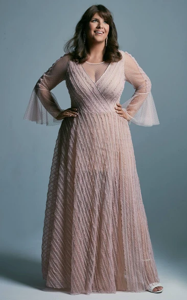 Blush Illusion Bell-sleeve Tulle Pleated Criss-cross Plus Size Modest Wedding Dress with Low-v Back