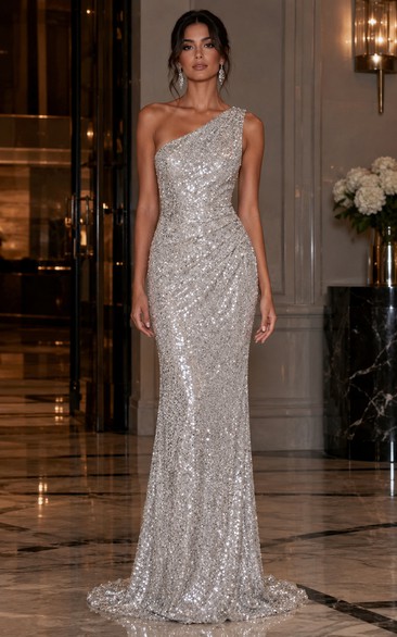 Silver Sequin Black Tie Evening Gown One Shoulder Sheath Dress