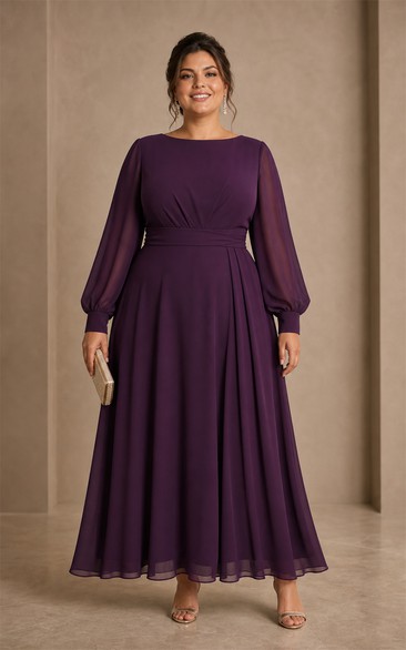 Plus Size Plum Chiffon A-Line Dress with Long Puff Sleeves