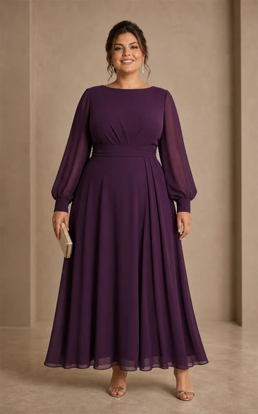 Plus Size Plum Chiffon A-Line Dress with Long Puff Sleeves