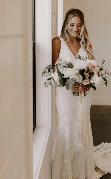 Ethereal Lace V-Neck Sleeveless Court Train Boho Wedding Dress