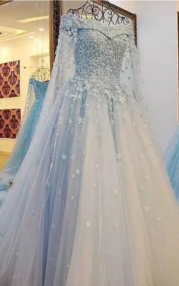 Off-the-shoulder Cap Short Sleeve Court Train Lace Tulle A-Line Princess Wedding Dress