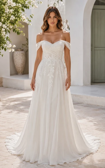 Off Shoulder Lace Bodice A-Line Wedding Dress with Chiffon Chapel Train