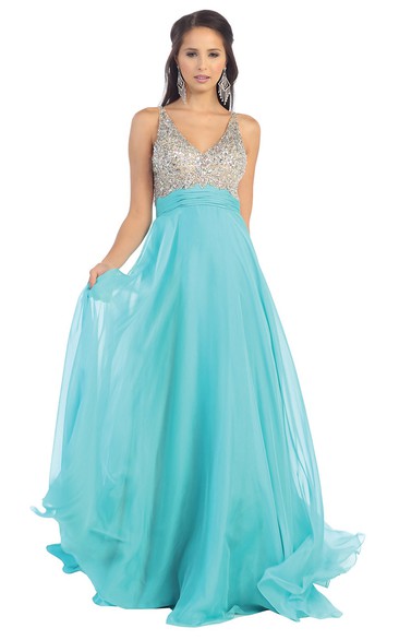 A-Line Long V-Neck Sleeveless Chiffon Deep-V Back Dress With Beading And Pleats
