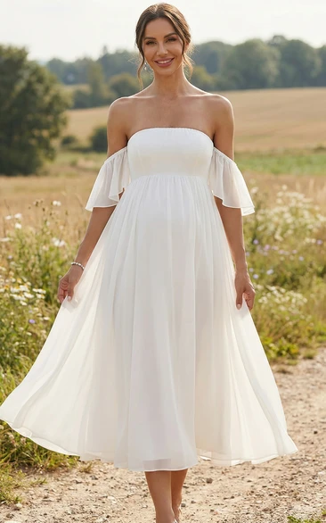 Strapless Tea Length Maternity Wedding Dress with Off Shoulder Flutter Sleeves