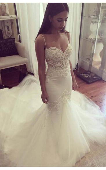 Delicate Tulle Lace Spaghetti Strap Mermaid Wedding Dress Court Train