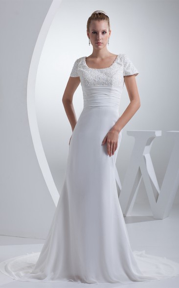 Square-Neck Sheath Mini-Sleeve Gemmed Top and Dress With Ruching