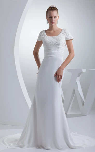 Square-Neck Sheath Mini-Sleeve Gemmed Top and Dress With Ruching