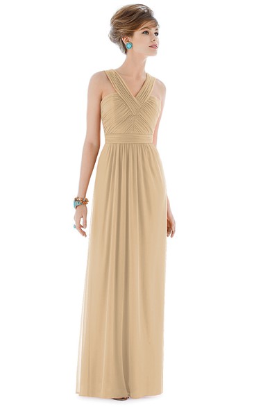 Long Criss Cross V-Neck Chiffon Gown with V-back and Ruching