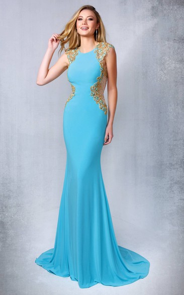 Sheath Scoop-Neck Sleeveless Jersey Keyhole Dress With Beading