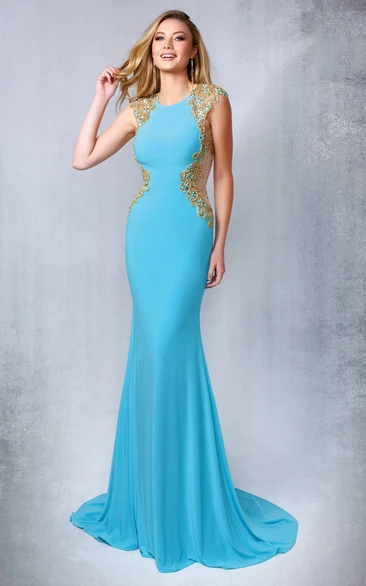 Sheath Scoop-Neck Sleeveless Jersey Keyhole Dress With Beading