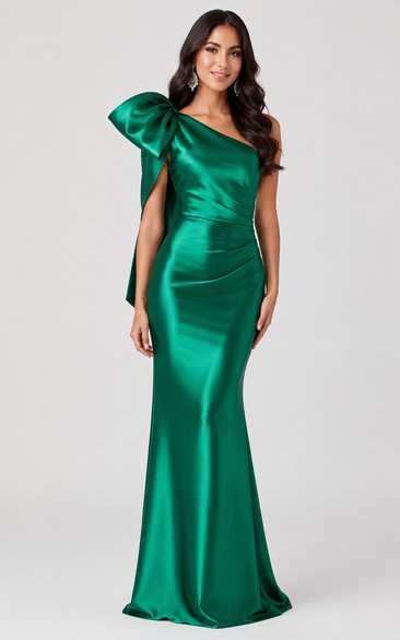 Satin Prom Dress in Dark Green, One-Shoulder Mermaid Floor-Length Gown with Bow(s) and Ruching