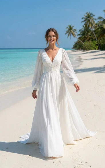 Beach Wedding Dress Chiffon A-Line Deep V-Neck Long Sleeve Bridal Gown