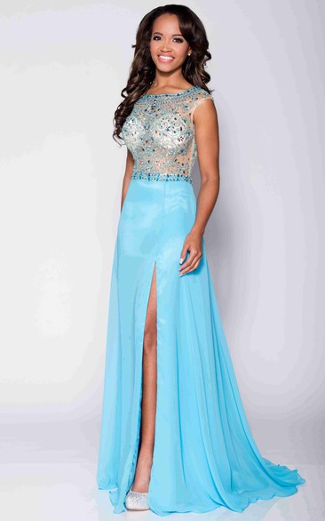 A-Line Chiffon Beaded Bodice Prom Dress With Bateau Neckline