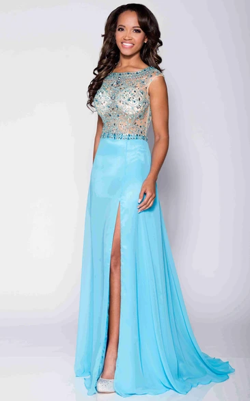 A-Line Chiffon Beaded Bodice Prom Dress With Bateau Neckline