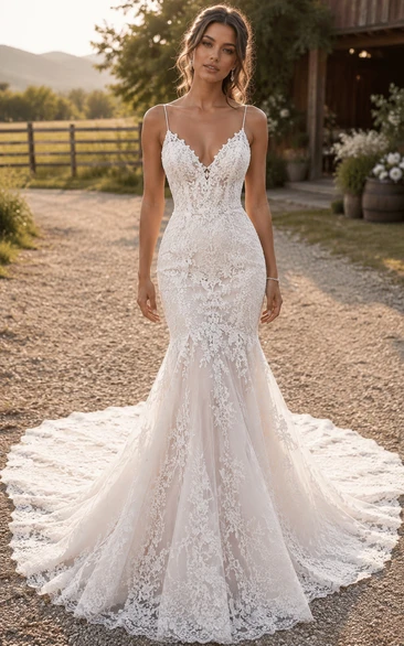 Spaghetti Strap Mermaid Lace Country Wedding Dress with Low Back and Chapel Train