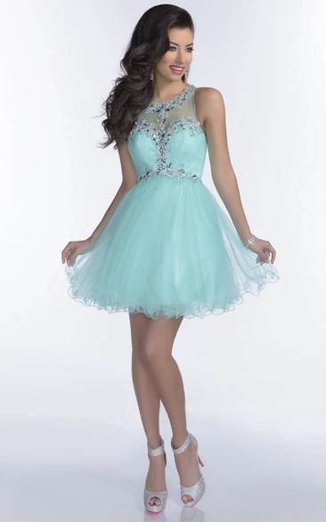 Mini Tulle A-Line Sleeveless Prom Dress With Crystal Detailing