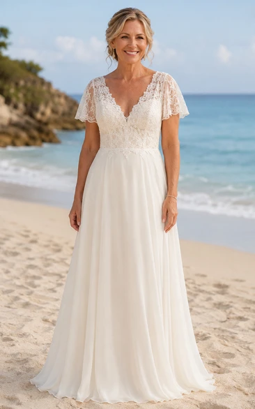 Beach Lace Bodice Chiffon A-Line Older Brides Wedding Dress