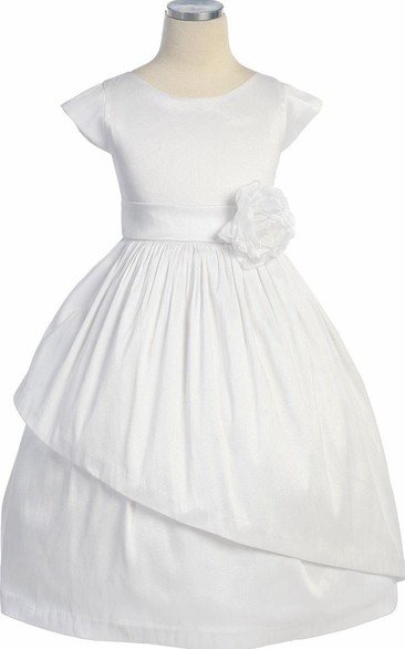 Tea-Length Floral Floral Bowed Flower Girl Dress With Sash