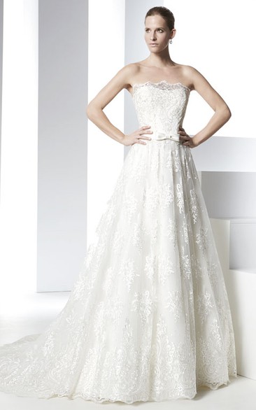 Strapless Maxi Appliqued Lace Wedding Dress With Court Train And V Back