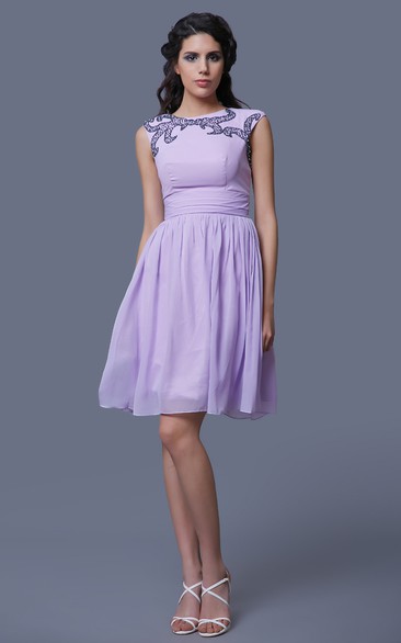 Short A-Line Sleeveless Chiffon Dress With Beadwork and Jewel Neck