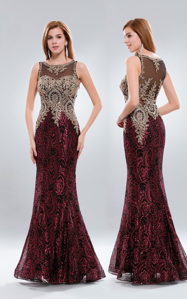 Mermaid Long Bateau Sleeveless Illusion Dress With Beading And Sequins