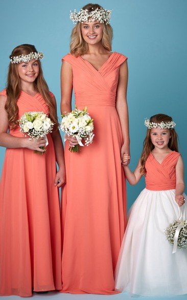Floor-Length V-Neck Ruched Short Sleeve Chiffon Bridesmaid Dress