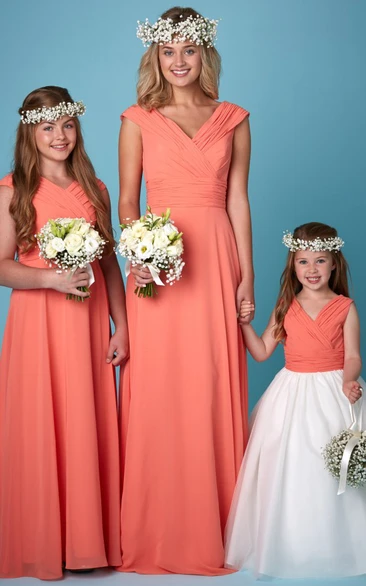 Floor-Length V-Neck Ruched Short Sleeve Chiffon Bridesmaid Dress