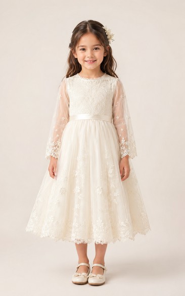 Baby Christening Gown Modest A-Line Long Sleeve Tulle Lace Tea-Length with Bow Sash in Ivory