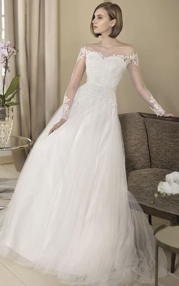 A-Line Appliqued Floor-Length Long-Sleeve Off-The-Shoulder Tulle&Lace Wedding Dress