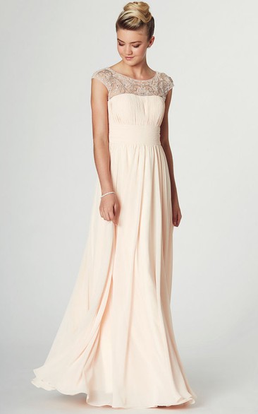 Ruched Scoop Neck Sleeveless Chiffon Prom Dress With Pleats And Beading