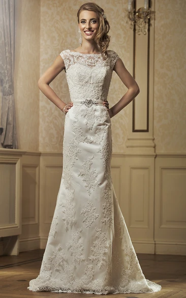 Sheath Cap-Sleeve Bateau-Neck Appliqued Floor-Length Lace Wedding Dress With Waist Jewellery And Bow