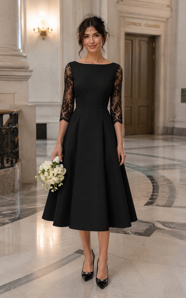 Black Bateau Neck Lace Sleeve Tea-length Dress