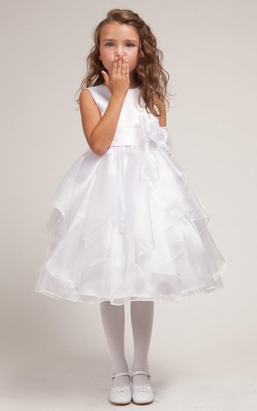 Tea-Length Bowed Split-Front Organza&Satin Flower Girl Dress