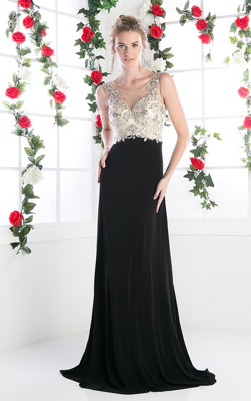 A-Line Long Scoop-Neck Sleeveless Jersey Court Train Illusion Dress With Beading