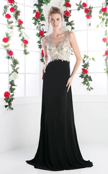A-Line Long Scoop-Neck Sleeveless Jersey Court Train Illusion Dress With Beading