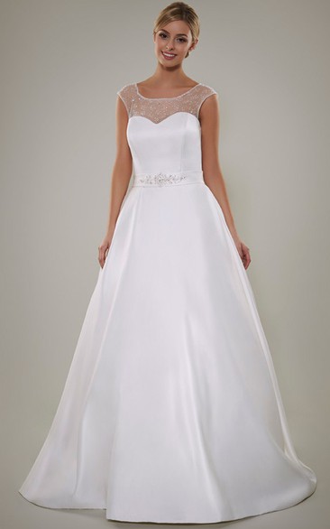 A-Line Beaded Scoop Floor-Length Cap-Sleeve Satin Wedding Dress With Keyhole Back And Waist Jewellery