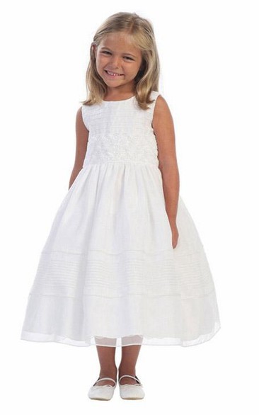 Tea-Length Tiered Embroideried Organza Flower Girl Dress