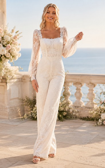 Ivory Square Neck Lace Long Sleeve Wedding Jumpsuit