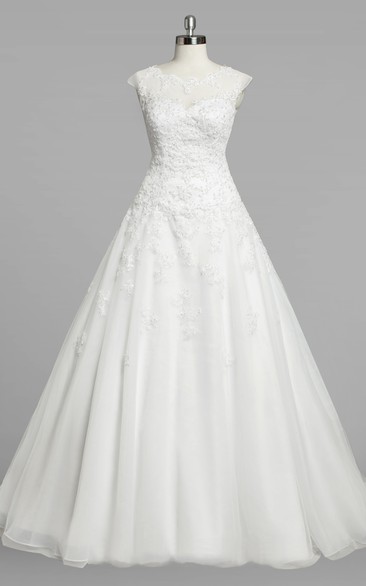 Jewel Neck Cap Sleeve A-Line Organza Wedding Dress Styles With Lace Bodice