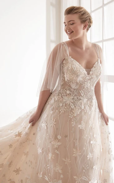 Luxury Sexy V-neck Plus Size Lace Chapel TrainWedding Bridal Dress With Illusion Tulle Sleeves