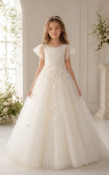 A-Line Ivory Floral Applique Tulle First Communion Dress with Flutter Sleeves