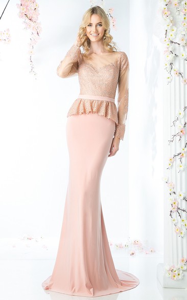 Sheath Scoop-Neck Long Sleeve Jersey Illusion Dress With Peplum And Beading