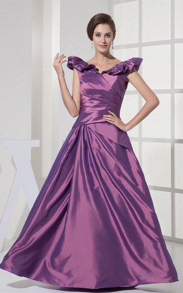 Satin Draped A-Line Gown With Ruffled V Neckline