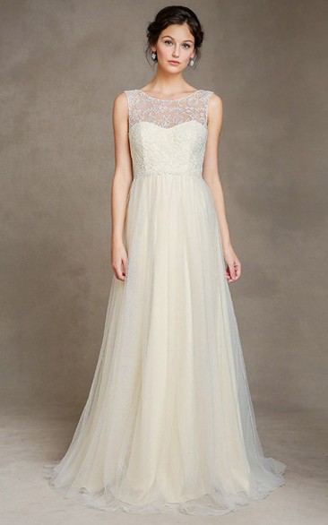 A-Line Maxi Sleeveless Scoop-Neck Embroidered Tulle Wedding Dress With Pleats