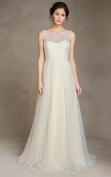 A-Line Maxi Sleeveless Scoop-Neck Embroidered Tulle Wedding Dress With Pleats